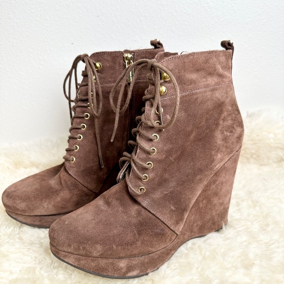 Michael Kors Shoes - Michael Kors Brown Suede Leather Gold Details Lace-Up Wedge Booties Sz 9.5
